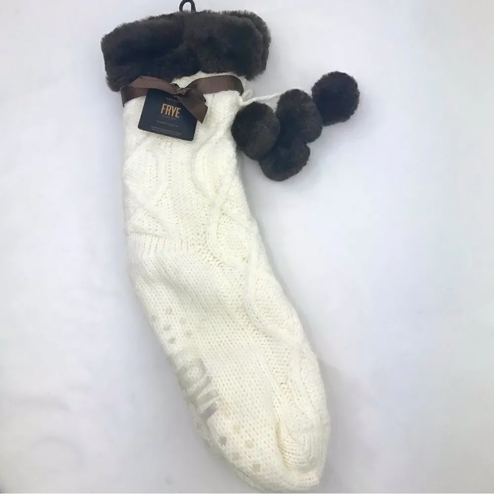 Frye Cream Knit Brown Faux Fur Pompom Trim Cozy Grip Tread Home Socks NEW